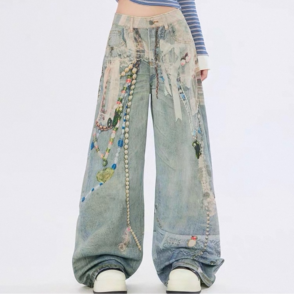 Wide Leg Graphic Print Jeans Size 4 High Rise Art Denim 27” Inseam NWT